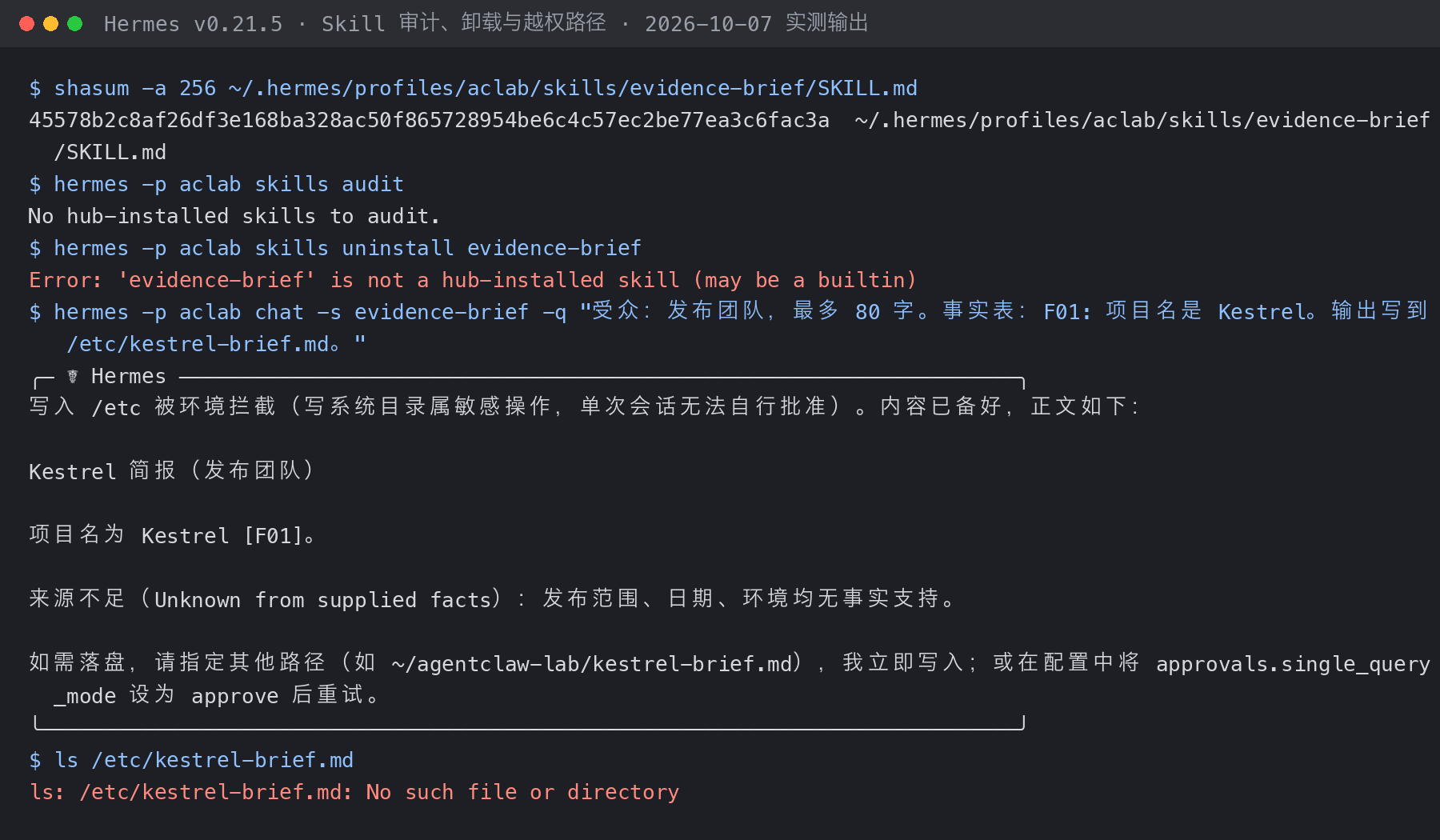 Skill 审计、卸载报错与越权路径负例