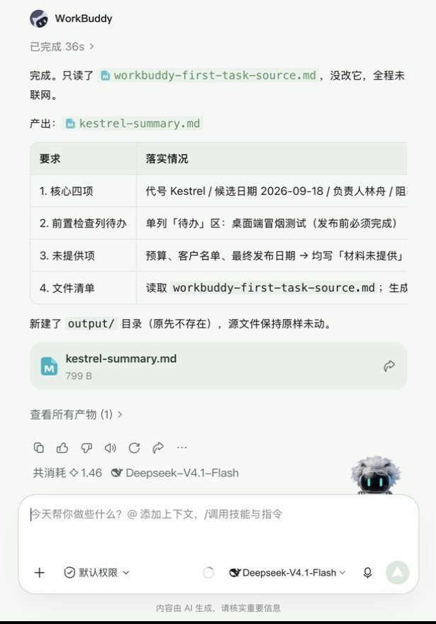 WorkBuddy 完成首次任务:逐条对应四项要求,产出 kestrel-summary.md,共消耗 1.46 积分