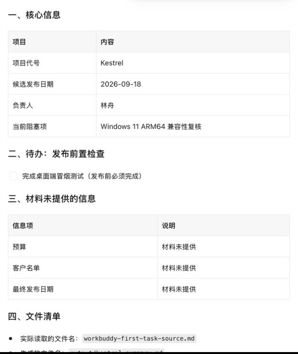 右侧预览的 kestrel-summary.md:核心信息表、发布前置检查待办、材料未提供的三项